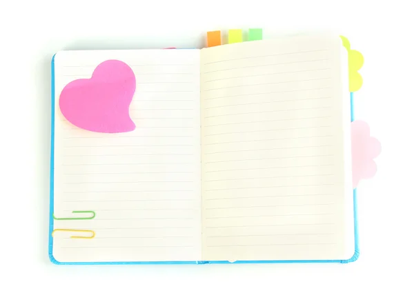 Ανοίξτε το βιβλίο σημείωμα με stickies απομονωθεί σε λευκό — Φωτογραφία Αρχείου