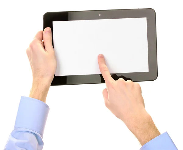 Male hands holding a tablet isolated on white — Stock Photo, Image