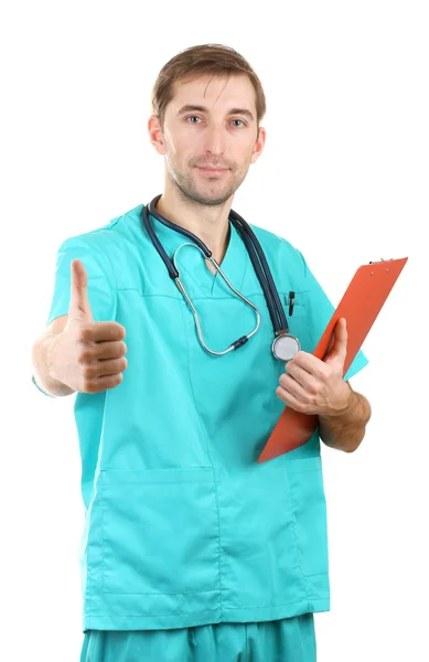 젊은 의사 청진 기 및 폴더 흰색 절연 남자 — 스톡 사진