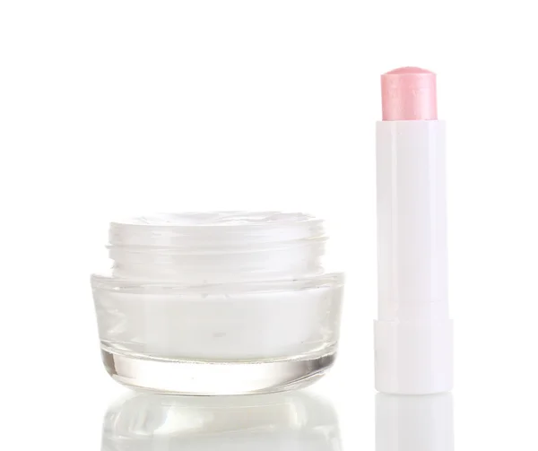 Hygienic lipstick and moisturizing cream isolated on white — Stock Photo, Image