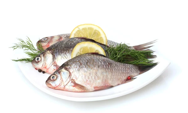 Свежие рыбы с лимоном и укропом на тарелке изолированы на белом — стоковое фото