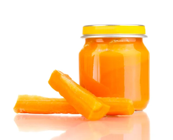 Jar of baby puree with carrot isolated on white — Stock Photo, Image