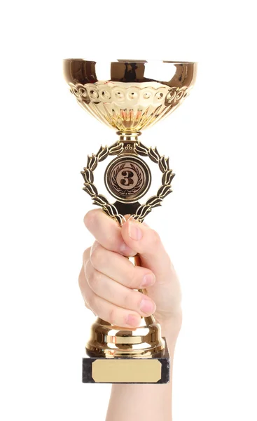 Copa trofeo en mano aislada en blanco —  Fotos de Stock