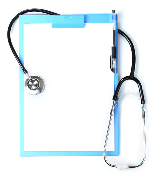 Stethoscope and blue clipboard isolated on white
