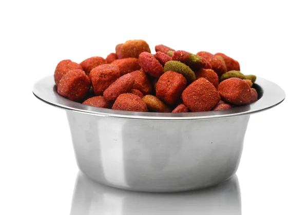 Dry dog food in metal bowl isolated on white — Stock Photo, Image