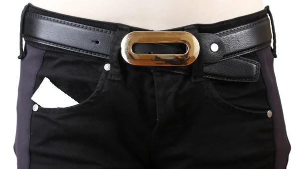 Condom in the pocket of black jeans on white — Stock Photo, Image