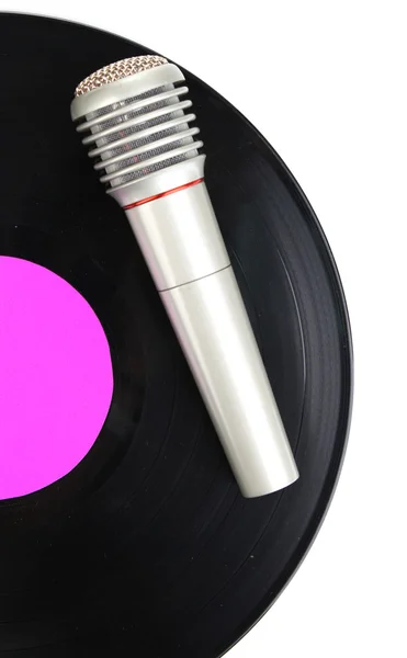 Zwart vinyl record en microfoon geïsoleerd op wit — Stockfoto