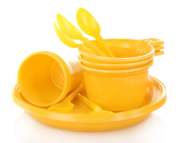 Stoviglie di plastica giallo brillante isolate su bianco — Foto Stock