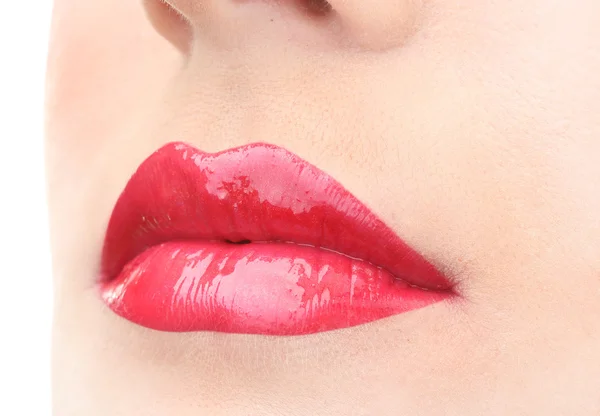 Krásný make up z půvabu červené lesklé rty — Stock fotografie