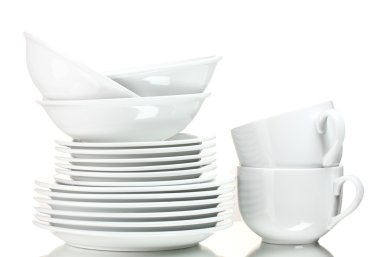 Clean plates, cups isolated on white clipart