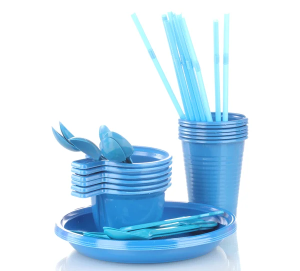 白で隔離される明るい青いプラスチック製食器類 — ストック写真