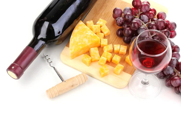 stock image Bottle of great wine with wineglass and cheese isolated on white