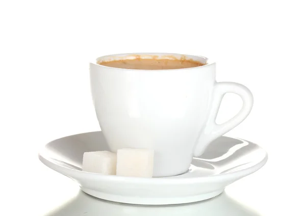 Xícara de café e açúcar isolado em branco — Fotografia de Stock