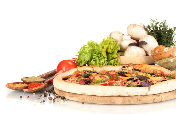 Delicious pizza, vegetables and spices isolated on white — Stock Photo, Image