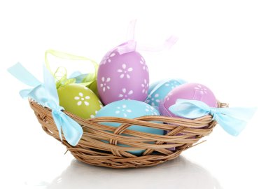 Colorful easter eggs in basket isolated on white clipart