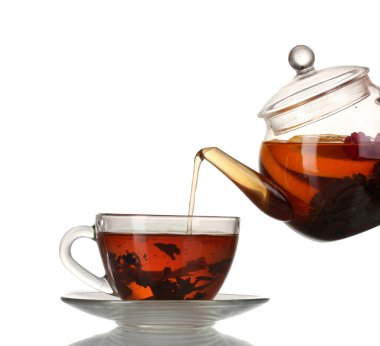 Glass teapot pouring black tea into cup isolated on white clipart