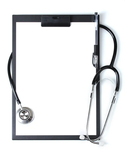 Stethoscope and black clipboard isolated on white — Stock Photo, Image