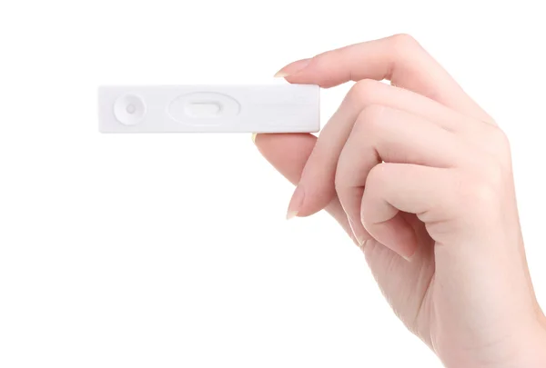 Teste de gravidez na mão isolado em branco — Fotografia de Stock