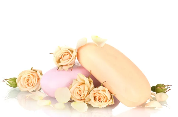 Dos jabones con rosas sobre fondo blanco —  Fotos de Stock