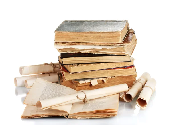 Pile of old books and scroll isolated on white — Stock Photo, Image