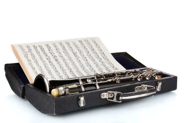 Antique clarinet in case and notebook with notes isolated on white — Stock Photo, Image