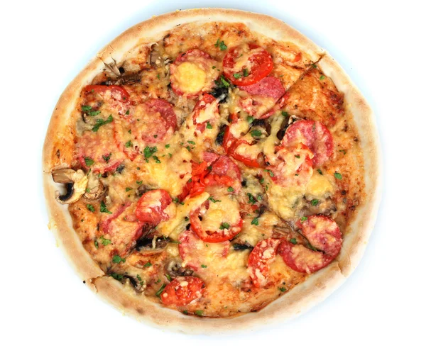 Ízletes pizza kolbásszal és zöldség elszigetelt fehér — Stock Fotó