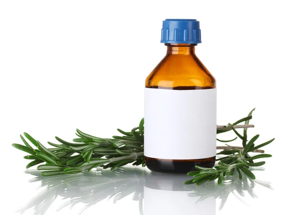 Medische fles en verse groene rozemarijn geïsoleerd op wit — Stockfoto