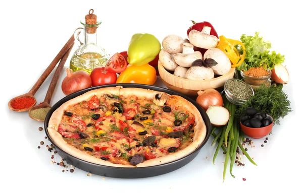 Delicious pizza on plate, vegetables and spices isolated on white — Stock Photo, Image