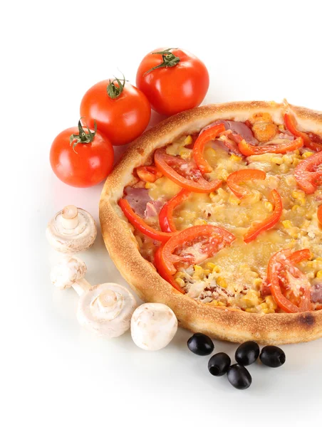 Aromatic pizza with vegetables and mushrooms close-up isolated on white — Stock Photo, Image