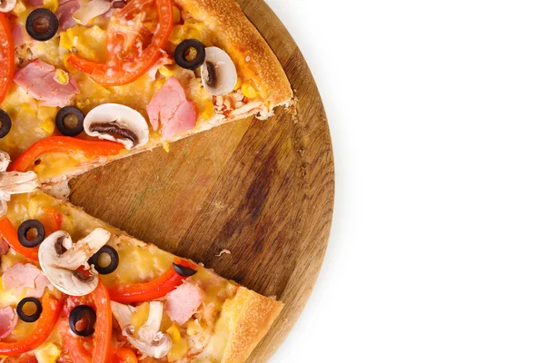 Tasty pizza without one slice close-up isolated on white — Stock Photo, Image