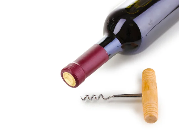 Garrafa de grande vinho e saca-rolhas isolada em branco — Fotografia de Stock