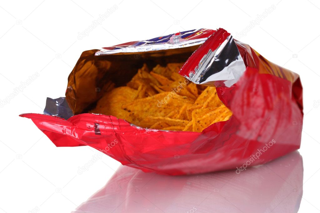 Tasty potato chips in bag isolated on white
