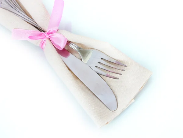 Fork and knife on napkin isolated on white — Stock Photo, Image
