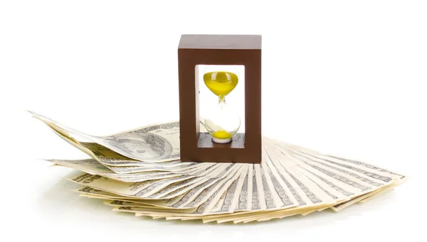 Dollar bankbiljetten en sandglass geïsoleerd op wit — Stockfoto