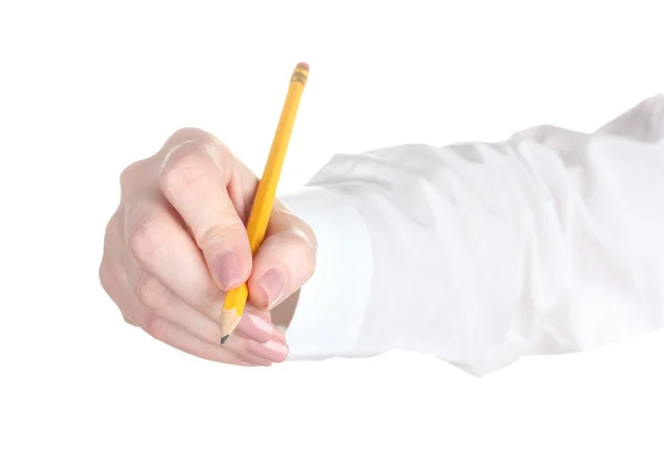 Vrouw hand met potlood geïsoleerd op wit — Stockfoto