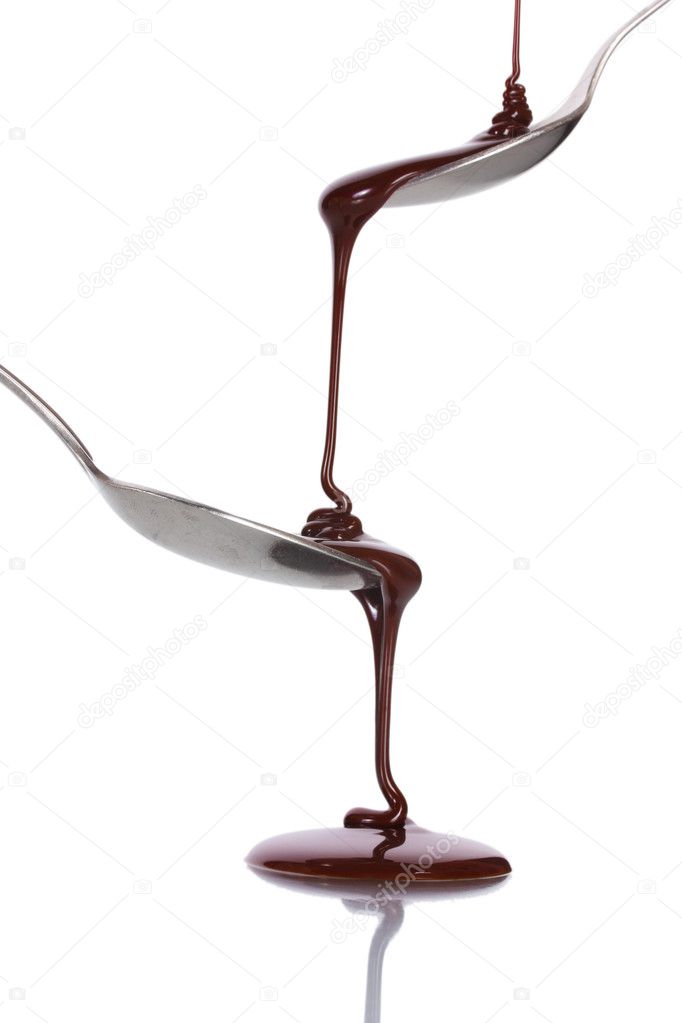 Chocolate poured into a spoon and from it to another spoon isolated on white