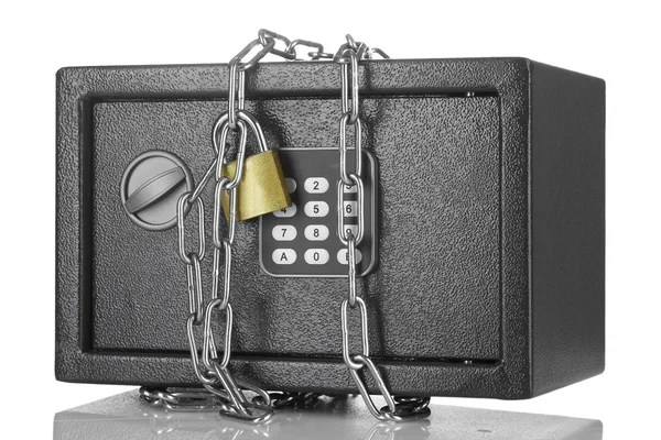 Safe with chain and lock isolated on white — Stock Photo, Image