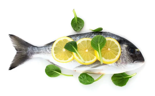Fresh fish with lemon and parsley isolated on white — Stock Photo, Image
