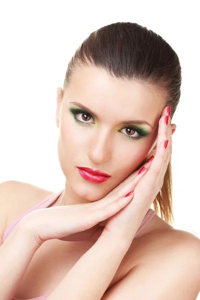 Portrét přitažlivé mladé ženy s glamour make-upu a červená manikúra — Stock fotografie