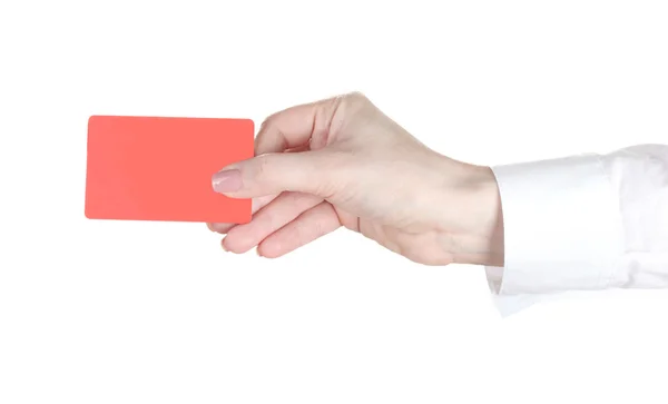Main de femme avec carte de crédit isolé sur blanc — Photo