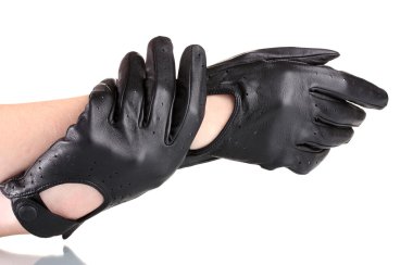 Women's hands in black leather gloves isolated on white clipart