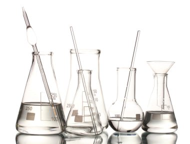 Different laboratory glassware with water and empty with reflection isolated on white clipart