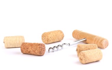 Corkscrew with wine corks isolated on white clipart