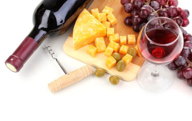 Bottle of great wine with wineglass and cheese isolated on white clipart