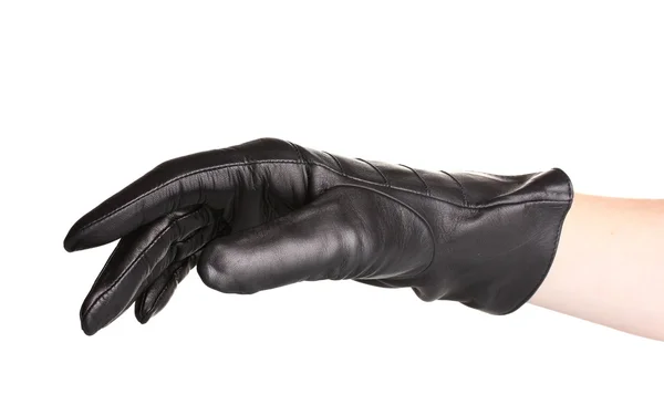 Οι γυναίκες χέρι στο μαύρο δερμάτινο γάντι που απομονώνονται σε λευκό — Φωτογραφία Αρχείου