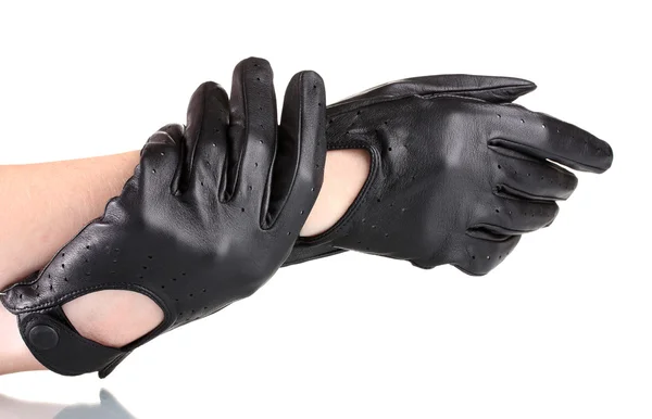 Manos de mujer en guantes de cuero negro aislados en blanco — Foto de Stock
