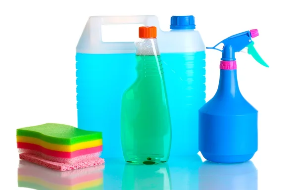 Kanister mit Flüssigkeits- und Waschmittelflaschen isoliert auf weiß — Stockfoto