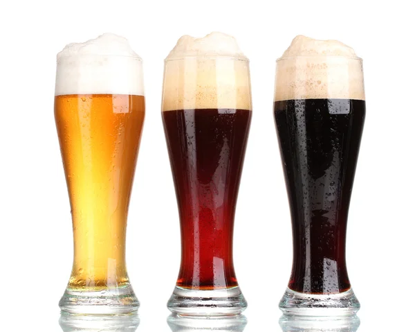 Three glasses with different beers isolated on white — Stock Photo, Image