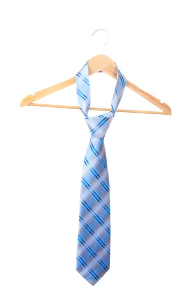 Elegant blue tie on wooden hanger isolated on white — Stock Photo, Image