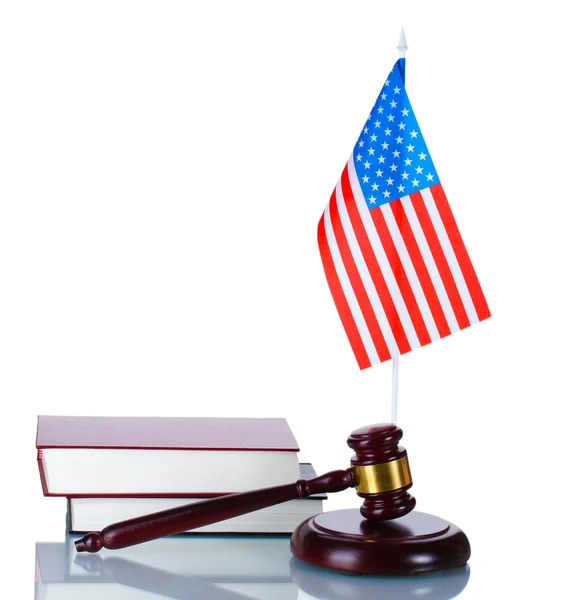 stock image Judge gavel, books and american flag isolated on white